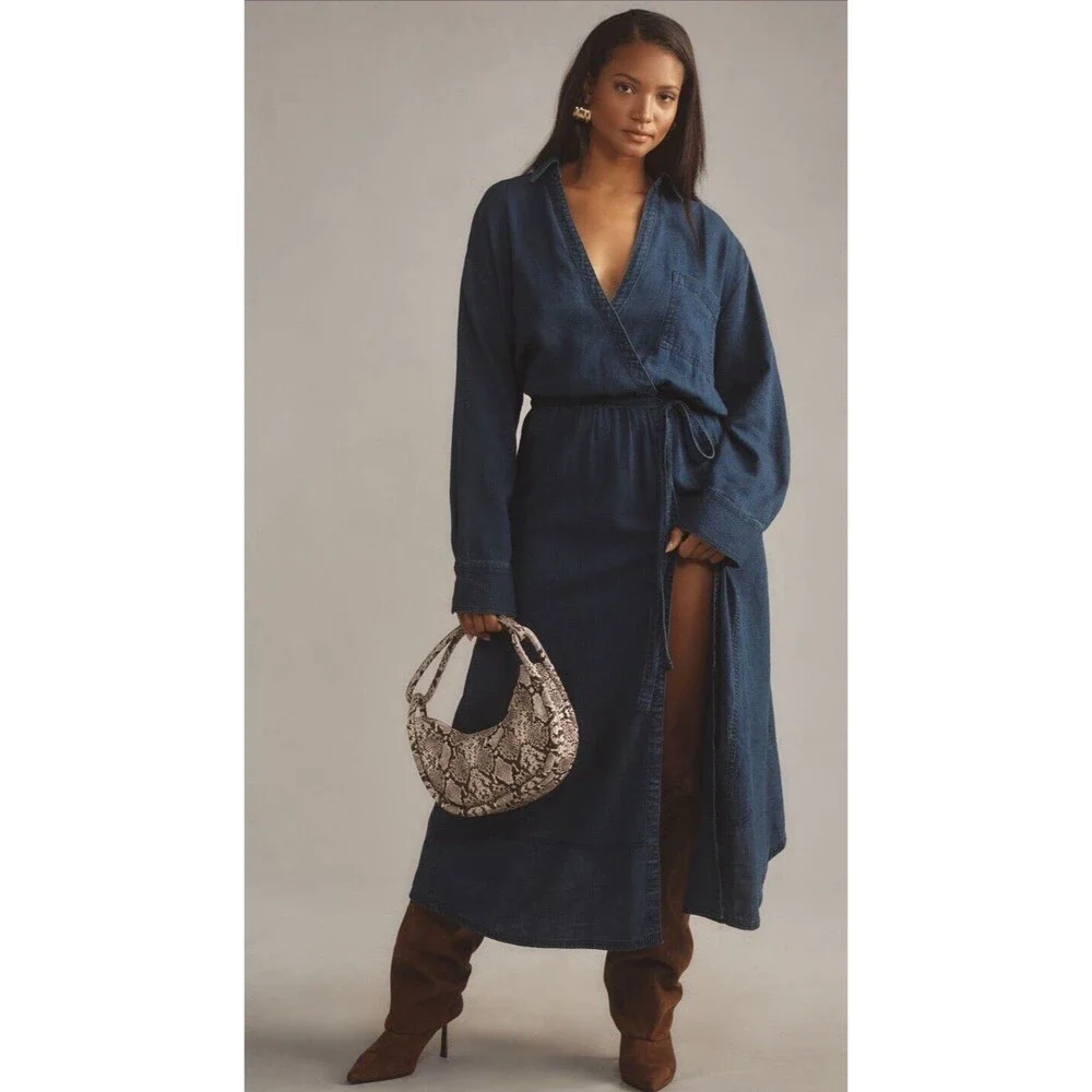 Anthropologie Pilcro Dress Wrap Midi Blue V Neck Cotton Preppy Boho Medium NWT